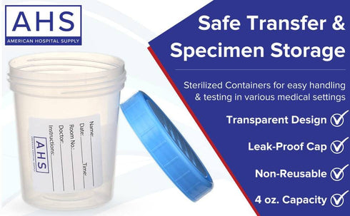 AHS American Hospital Supply Sterile Urine Cups with Lids | Single-Use Specimen Containers, 4 Oz. (Pack of 10)