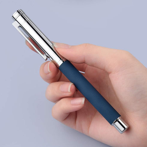 Hongdian 1843 Navigator Fountain Pen, Fine Nib Solid Metal with Refillable Converter and Blue Ripple Pattern Case