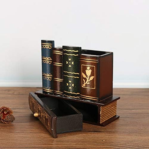 Decorative Desk Organizer Caddy, Pencil and Pen Holder with Bottom Storage Drawer and Antique Library Books Design by NFASHIONSO