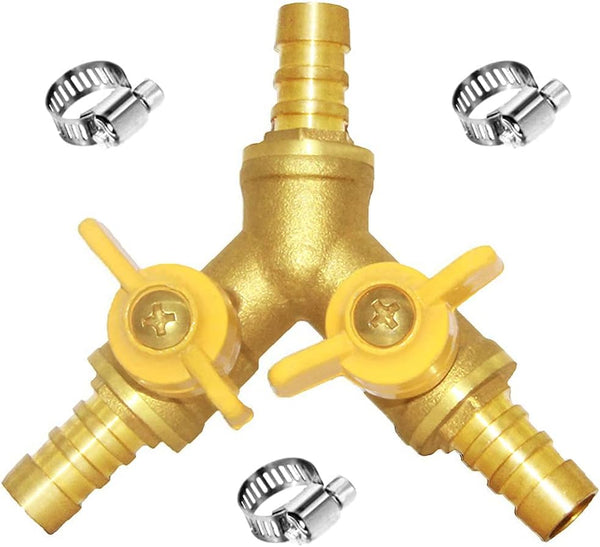 Joywayus 3/8" ID Hose Barb, Y Shaped Type 3 Way Brass Shut Off Ball Valve Fitting, Large Flow