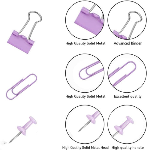 Purple Binder Clips and Paper Clips Push Pins Tacks Sets, Total 72 PCS Assorted Sizes Office Supplies Set for Women,
