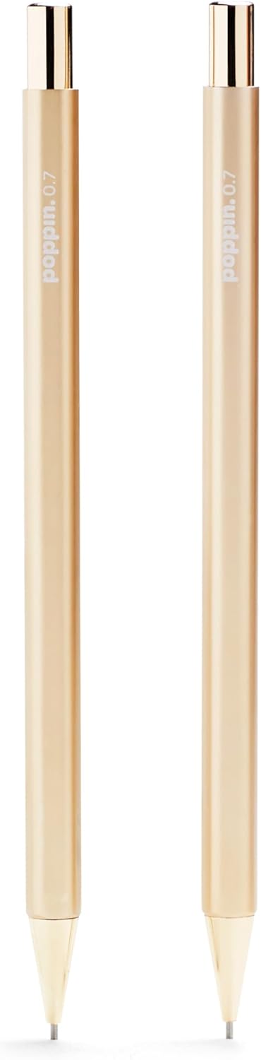 Poppin Mechanical Pencils - Luxury Gold Finish 0.7mm, Hidden Eraser, Set of 2