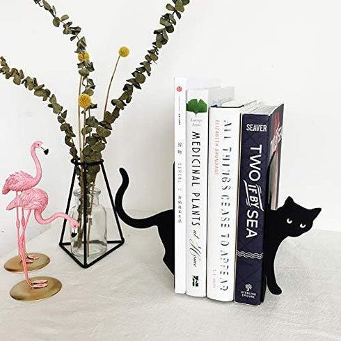 MsFun Books Ends Decorative, Cat Bookends Cute for Bookshelf,Unique Heavy Books Holder, Black Office Decor Cat Desk