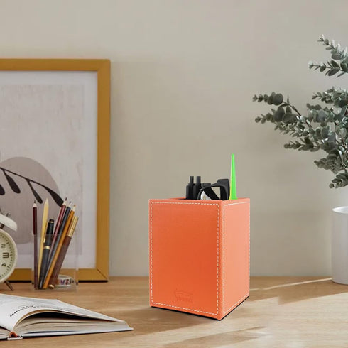Pen Pencil Holder Cup Container, PU Leather Desk Organizer for Office Home School (Orange, 3.54" x 3.54" x 4.72")
