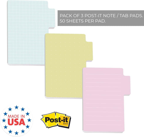 Pastel Tab Shaped Sticky Note Pad Assortment/Set of 3 to Do Pads / 3.5" x 5" Multicolor Sticky Note Tabs / 50 Sheets Per Pad/Made in USA