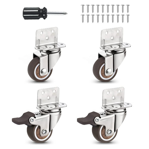 Heavy Duty Casters Set of 4 with Brake, L-Shape Side Mount TPR Plate Caster Wheels for Baby Bed, Carts, Kitchen