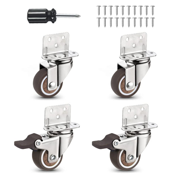Heavy Duty Casters Set of 4 with Brake, L-Shape Side Mount TPR Plate Caster Wheels for Baby Bed, Carts, Kitchen