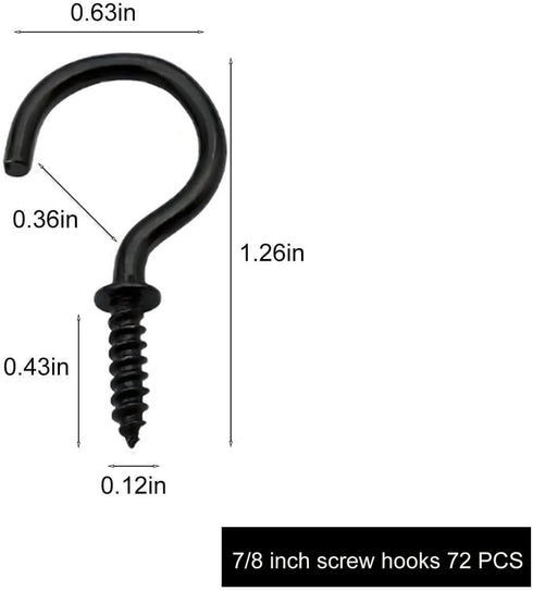 72 Pcs Black Ceiling Screw Hooks, 7/8 Inch Screw-in Light Hanging Cup Hooks