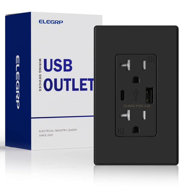 ELEGRP USB Charger Wall Outlet, USB Receptacle with Type A & Type C Ports, 20 Amp Duplex Tamper Resistant, Wall Plate