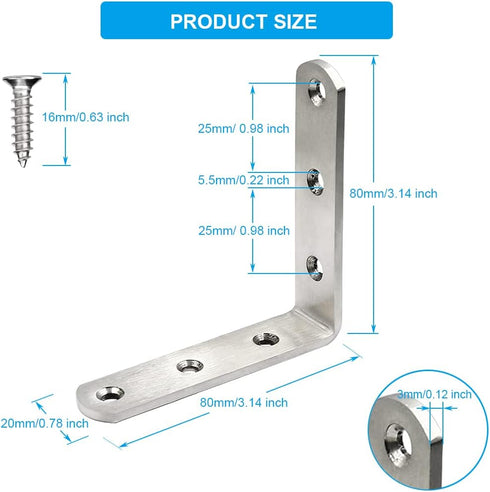 5 Pcs Stainless Steel Corner Brace L Bracket, 3 x 3 inch Heavy Duty 90 Degree Joint with Screw
