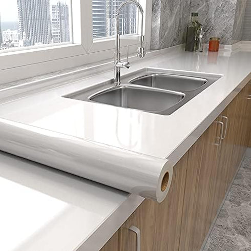 Glossy White Peel and Stick Wallpaper, Waterproof Self Adhesive Contact Paper 15.8" x 197" for Cabinet and Countertop
