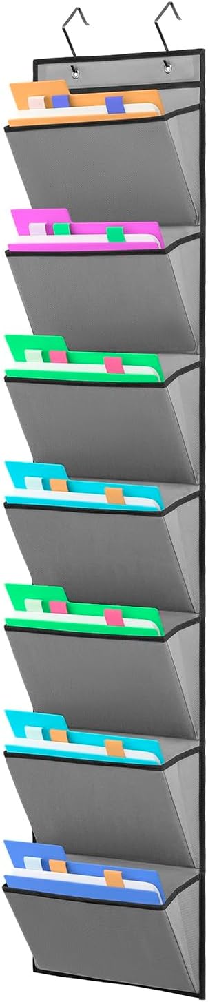 Wall Mounted File Holder - Over Door Hanging Mail Organizer for Papers, Magazines, and Books (7 POCKETS-GREY)