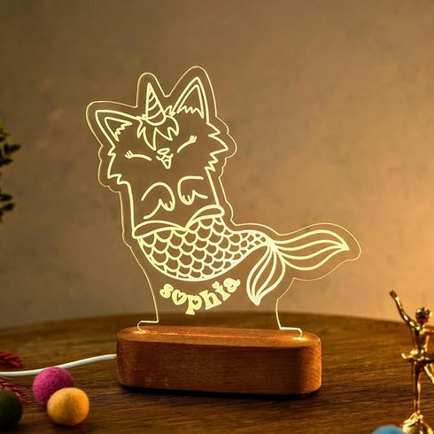 Personalized LED Night Light Custom Engraved Kawaii Animal Mermaid Lamp with Name Cute Unicorn Cat & Fox Light Kids