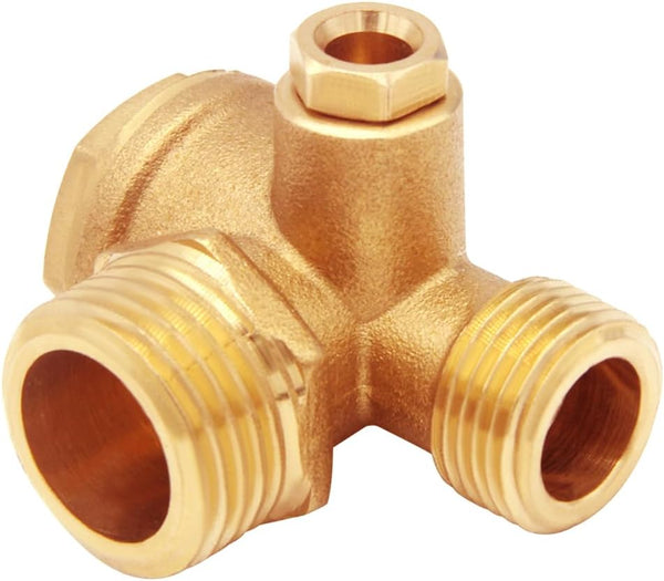 Solid Brass 3-Port Air Compressor Check Valve, M10*1 x G3/8" x G1/2" Male Female Threaded Connector