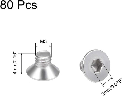 uxcell M3x4mm Flat Head Machine Screws, Inner Hex Screw 304 Stainless Steel Fasteners, 80 Pcs