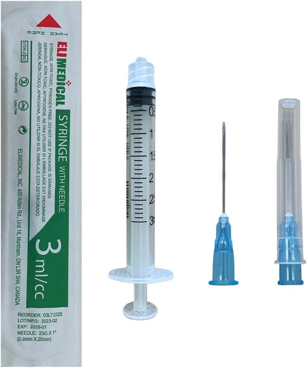 Veterinary Syringe with Needle, Luer Lock 3cc (3ml), 23G x 1 inch, Individually Sealed, 100 per box