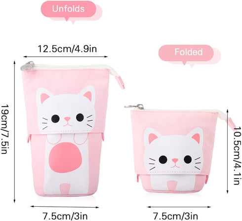 iSuperb Cute Cat Telescopic Pencil Pouch Case with Zipper, Canvas Stationery Box for Kids, 7.5 x 4.9 x 3.0 inch