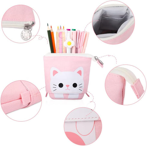 iSuperb Cute Cat Telescopic Pencil Pouch Case with Zipper, Canvas Stationery Box for Kids, 7.5 x 4.9 x 3.0 inch