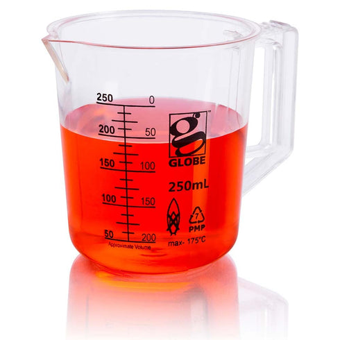 Globe Scientific 3656-250 Diamond Essentials PMP Plastic Beaker Griffin Style Low Form with Handle, Printed Graduations, PP, 250ml Capacity