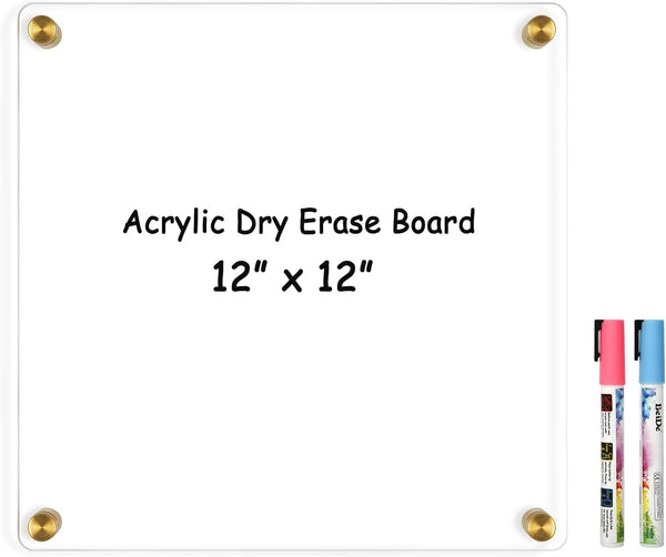 Clear Acrylic Dry Erase Board, 12" X 12" Golden Non-Magnetic Frameless White Board for Wall, Home, Office, 2 Markers