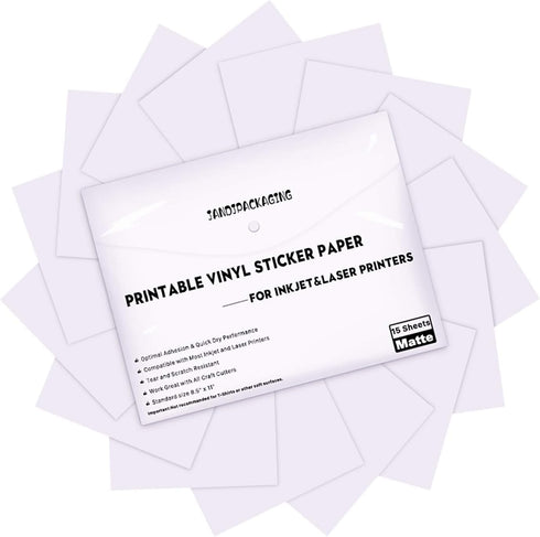 JANDJPACKAGING Printable Vinyl Sticker Paper - Waterproof for Laser & Inkjet Printer 15 Self-Adhesive Sheets - Matte