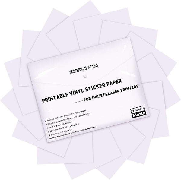 JANDJPACKAGING Printable Vinyl Sticker Paper - Waterproof for Laser & Inkjet Printer 15 Self-Adhesive Sheets - Matte