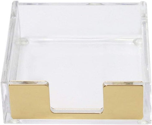 Buqoo Acrylic Sticky Notes Pad Holder, 3.5x3.3 Inch Memo Holder for Office Supplies (Gold) Clear Desk Accessories