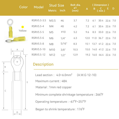 HKS 50 PCS Ring Terminals 1/2" Yellow 12-10 AWG - M12 - Electrical Connectors - Heat Shrink Wire Connector Kit - Tinned Red Copper - Automotive Marine Ring Connectors - Waterproof and Insulated
