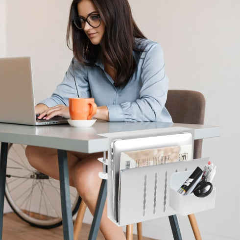 LUKETURE Desk Side Storage, Under Desk Steel Hanging Organizer, Laptop Holder with Pen Holder, No Drill Storage for
