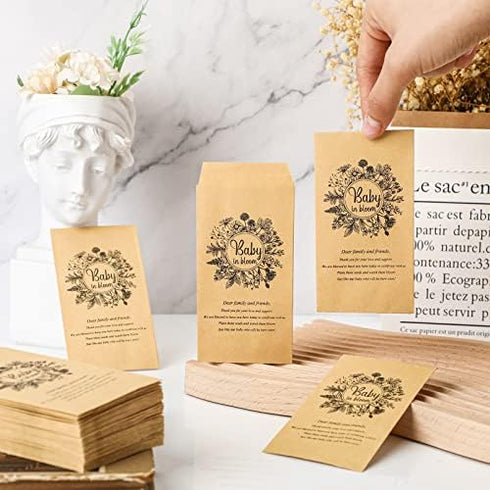Fumete 50 Pcs Baby Shower Seed Packet Self Adhesive Kraft Envelopes for Party, No Seeds