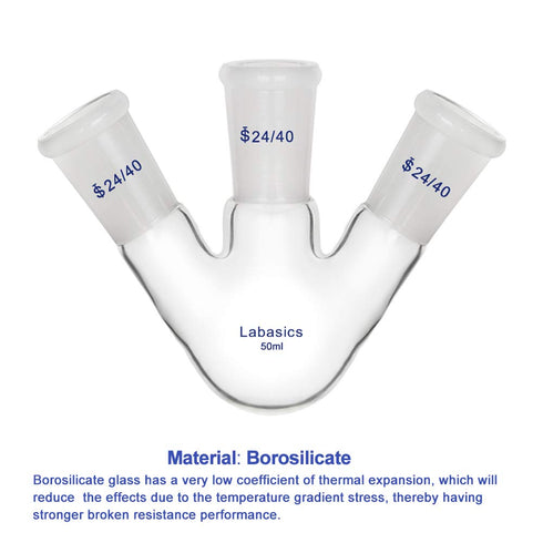 Glass 50ml Round Bottom Flask RBF, 3 Neck with 24/40 Center and Side Standard Taper Outer Joint