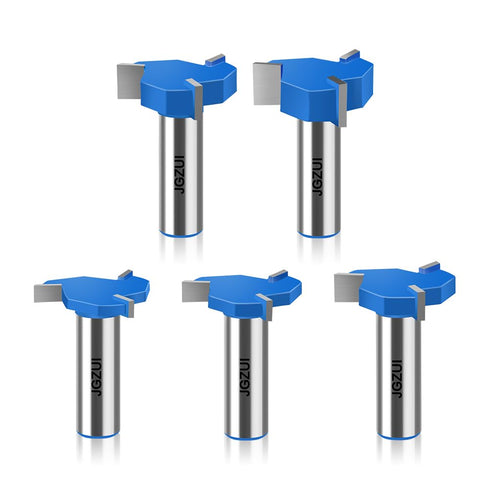 JGZUI 5Pcs Set,1/2" 13/64", 15/64", 5/16", 25/64", 15/32", Three-Blade Slot Cutter Router Bit, ''T'' Type Slotting Bit