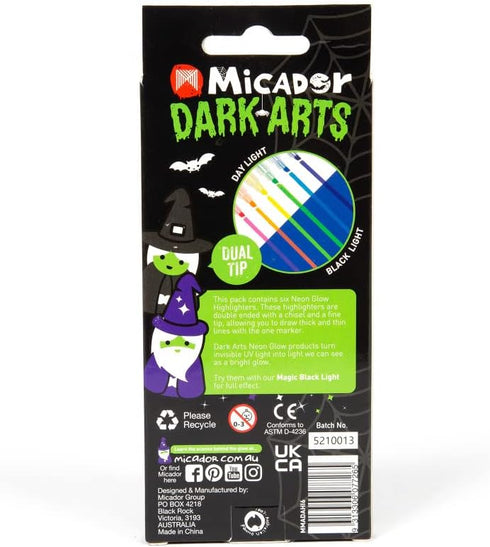 Micador Dark Arts Neon Glow Scented Highlighters, 6-Color Set, Kids Coloring & Drawing, Glows Under Blacklight, Ages 5+