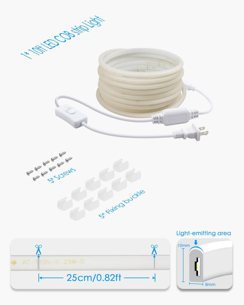 10FT 110V-120V IP65 3M 3000K Outdoor COB LED Strip Lights Waterproof with Switch Plug in AC LED Rope Light Warm White