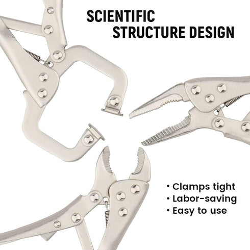 Hoteche 3pcs Mini Locking Plier Set, 5" C-Clamp, Long Nose, Round Jaw Versatile Tools for Grip and Secure