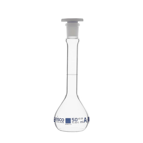 EISCO Volumetric Flask, 50ml - ASTM Class A, Tolerance ±0.05ml, Interchangeable Polypropylene Stopper, Borosilicate