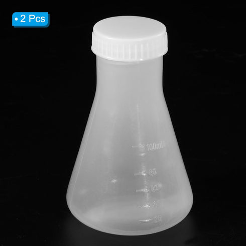 PATIKIL 100ml Plastic Erlenmeyer Flask with Screw Caps, 2 Pack Narrow Mouth Conical Flask for Laboratory, Clear