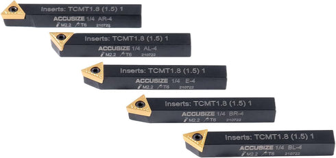 Accusize Industrial Tools 5 Pc Indexable Turning Tool Set, 1/4'' by 2'' Oal, with Tcmt1.8(1.5) Carbide Inserts