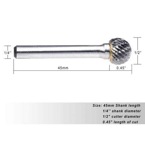 SD-5 Tungsten Carbide Burr Ball Shape Double Cut Rotary Burrs File, 1/2'' Cutter Dia, 1/4'' Shank Dia