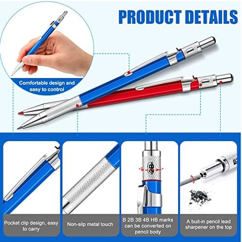 2 Pcs Welders Pencil with 48 PCS Round Refills Mechanical Pencils Metal Welding Marker for Tube Pipe Fitter Welder Steel Construction Woodworking (Red, Silver, Yellow) by Gersoniel