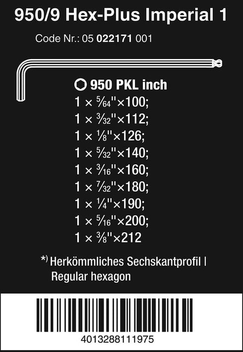 Wera 05022171001 L-key Set for 950 PKL/9 SZ N, Multi