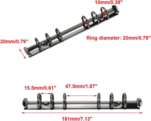 Semetall 2pcs A6 Notebook 6-Ring Binder Mechanism, Loose Leaf Binding Spines, Metal Clip Ring Binder Replacement Kit,