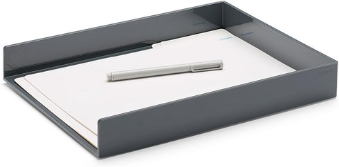 Poppin Stackable Letter Tray, Modular Lacquer Desk Trays for Office Organization, Dark Gray, Letter