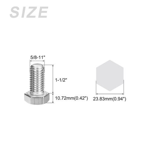 Hex Bolts 10Pcs, 5/8-11x1-1/2" 304 Stainless Steel Fully Threaded Hex Head Screw for Furniture Repair, Silver