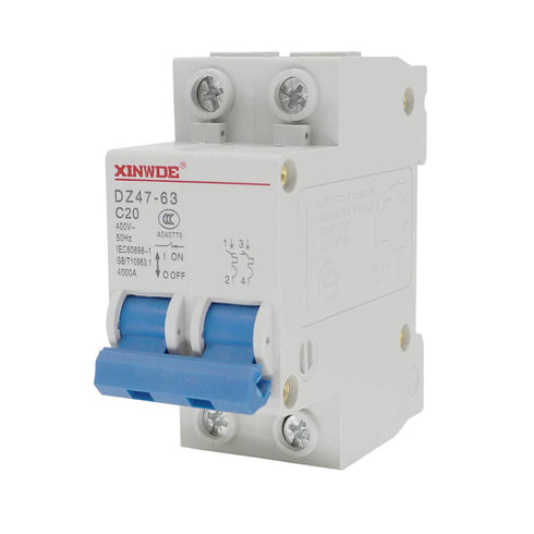 Miniature Circuit Breaker Low-Voltage DZ47-63, 2 Pole, 20A, 400V, DIN Rail Mount C20