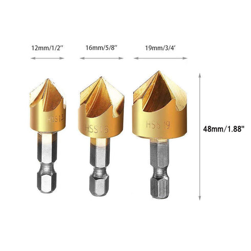 Countersink Drill Bit Set 3 Pcs 1/4'' Hex Shank High Carbon Steel 5 Flute Countersink 90 Degree Center Punch Tool Sets for Wood Quick Change Bits 12mm 16mm 19mm