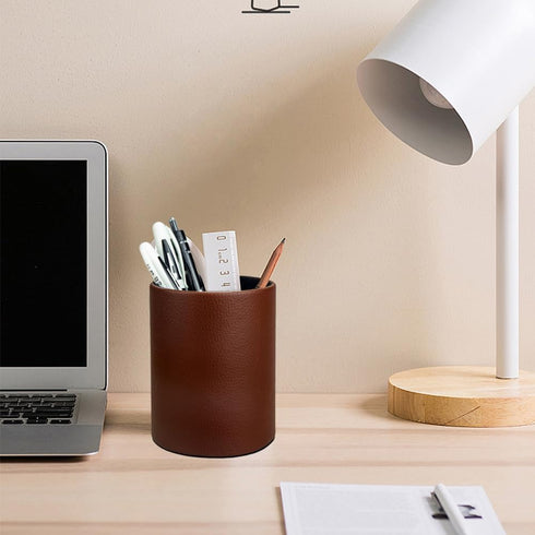Pen Pencil Holder Cup Container, Brown PU Leather Desk Organizer Stand for Scissors, Brush, Office Decor