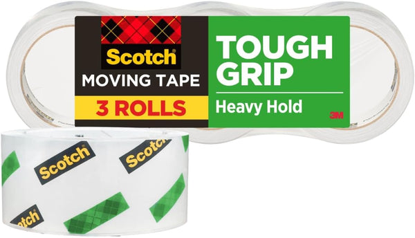Scotch Tough Grip Moving Packing Tape, Clear, 1.88 in. x 43.7 yd., 3 Tape Rolls
