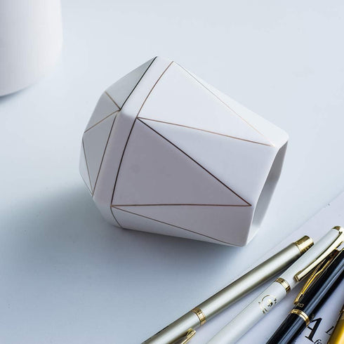 White Ceramic Desk Cute Pen Holder Stand, Gold Line Pencil Cup Pot Organizer for Makeup Brushes