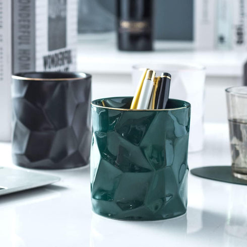 Ceramic Irregular Round Pen Holder for Desk, Cute Stand Gold Line Pencil Cup Pot Organizer for Girls Makeup